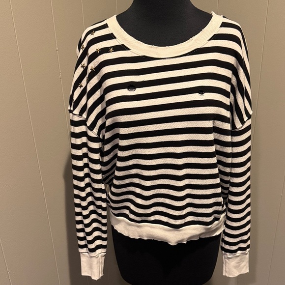 Splendid black/white stripe distressed star stud shoulder terry lined sweatshirt - Picture 1 of 6